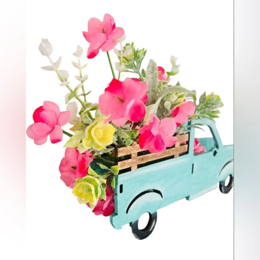 New! Artisan created wooden pickup truck with florals farmhouse flowers decor